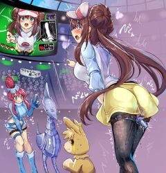 2girls battle black_pantyhose blue_eyes blue_shirt blush brown_hair character_request commentary_request dildo donut_hair_bun double_bun hair_bun hat highres long_hair monikano motion_lines multiple_girls object_insertion pantyhose pokemon pokemon_bw2 pussy_juice rosa_(pokemon) sex_toy shirt shorts skarmory skyla_(pokemon) solo_focus surprised trembling twintails vaginal_object_insertion vaginal_penetration visor_cap white_hat white_shirt yellow_shorts