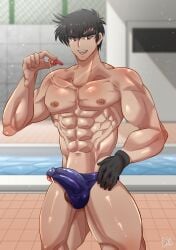 1boy abs absurd_res artist_signature balls balls_peek bara beefy biceps big_areola big_bulge big_eyes big_penis black_hair blurry_background broad_shoulders bulge bulge_through_clothing censor_bar censored censored_penis collarbone curved_penis curved_to_the_right_penis dust_particles eight_pack erection erection_under_clothes exposed_balls exposed_penis eyebrows_visible_through_hair fence forked_eyebrows gay gloves hand_on_waist hell_teacher_nube hi_res holding_object holding_whistle huge_cock hunk jigoku_sensei_nube laugh legs_apart looking_at_viewer male male_breasts male_only manly mature_male meisuke_nueno mottirimoto muscles muscular muscular_arms muscular_legs muscular_male muscular_neck muscular_thighs navel no_body_hair p.e._teacher pecs penis penis_peek pointless_censoring pool poolside quadriceps red_eyes short_hair six_pack slim_waist solo standing swim_briefs swimming_pool swimwear teacher thick thick_arms thick_eyebrows thick_legs thick_penis thick_thighs thong tile_floor tomori_hayashi topless tough_guy triceps very_high_resolution whistle whistle_around_neck yaoi