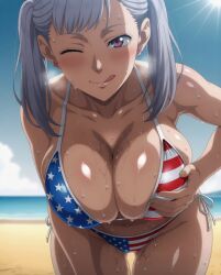 1female 1girls ai_generated american_flag_bikini beach bending_over big_breasts bikini black_clover blush blushing_at_viewer blushing_female breasts breasts_focus female_focus female_only large_breasts noelle_silva outdoors purple_eyes shiny_skin solo solo_female sunny tagme wet wet_body white_hair grabbing grabbing_own_breast grabbing_breasts one_eye_closed one_eye_open tongue tongue_out