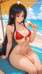 1futa 2026 ai_assisted ai_generated anime artist_name beach beach_towel beach_umbrella bikini blue_sky breasts bust cloud cock dick erection explicit futanari hi_res high_quality high_resolution highres k-on! large_penis long_hair mio_akiyama_(k-on!) outdoors parasol patreon patreon_username penis red_bikini sky stable_diffusion swimsuit testicles tsukoneko uncensored water watermark