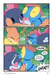absurd_res ambiguous_gender bow_ribbon buizel clauncher clothing comic dialogue eyewear fellatio female_(lore) feral generation_4_pokemon generation_6_pokemon generation_7_pokemon genitals glasses grass group hat headgear headwear hi_res male male/ambiguous muzzzzz nintendo oral penile penis plant pokemon pokemon_(species) pokemon_mystery_dungeon pyukumuku rock sex shrub spike_chunsoft trio