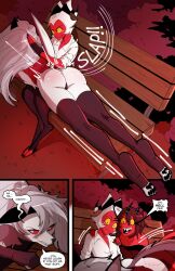 1boy 2girls anthro ass bench claws cleavage clothed clothing comic dress excited feet female helluva_boss loona_(helluva_boss) male/female millie_(helluva_boss) moxxie_(helluva_boss) panties park park_bench punishment slap smacking_ass smile spanking swain_(artist) tagme topwear underwear
