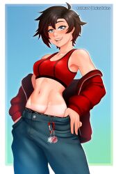 1girls ahoge blush draco9625 female lainycakes ruby_rose rwby short_hair sports_bra tanline tanned