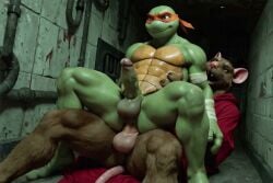 ai_generated anal animated anthro bandaged_arm blue_eyes cowgirl_position cum cum_while_penetrated ejaculation_while_penetrated furry gay indoors male male/male male_only master_splinter michelangelo michelangelo_(tmnt) orange_headband rat red_robe sex spread_legs tagme tail teenage_mutant_ninja_turtles turtle underground video yaoi
