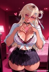 ai_generated animal_print balecxi black_choker black_skirt black_thighhighs blonde_hair cleavage earrings eyeshadow female gyaru hair_ornament heart heart_hands indoors jewelry kogal large_breasts long_hair looking_at_viewer lynae_(wuthering_waves) makeup mole multicolored_hair pink_bra pink_nails pleated_skirt purple_eyes smile solo tan tanlines thick_thighs tied_shirt underwear wuthering_waves