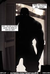 abs aggressive ai_art ai_generated angry_expression angry_male attack_on_titan back_view backlight backlit bald bitch broad_shoulders bulging_muscles comic comic_strip comics confrontation cursing dark dark_lighting degradation detailed_background dialogue digital_art dominant_male door_frame doorway dramatic_lighting english_text faceless furious giant glowing_eyes highres huge_muscles huge_muscular_male huge_pecs humiliation indoors insult intimidating male massive_chest massive_male menacing montana812 muscular muscular_abs muscular_arms muscular_male no_face nsfw pose post_training profanity rage shadow shadowed_face shaved_head shouting silhouette solo speech_bubble standing tall taunting teasing text threatening veiny veiny_arms verbal_abuse white_eyes wooden_door yelling