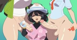 1girls 2futas alfwenx aoi_(pokemon_sv) big_penis black_hair female_protagonist_(pokemon_ww) fingerless_gloves floral_print futa_on_female futanari game_freak gradient_background harmony_(pokemon) juliana_(pokemon) medium_penis nintendo peace_sign pink_shirt pokemon pokemon_legends:_z-a pokemon_legends_z-a pokemon_sv pokemon_ww precum seika_(pokemon) shaking sweat