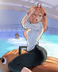 amangelx angry ass blonde_hair breasts chainsaw_man clothes demon demon_girl denji_(chainsaw_man) floatie horn horns long_hair pants pochita_(chainsaw_man) pool power_(chainsaw_man) red_eyes see-through sharp_teeth shirt short_hair tagme thick_thighs tight_clothing voluptuous wet wide_hips