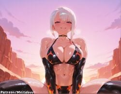 abs ai_generated bare_shoulders bikini black_bikini black_choker black_thighhighs blue_eyes breasts choker cleavage cloud collarbone cyberpunk:_edgerunners cyberpunk_2077 elbow_gloves female gloves large_breasts looking_at_viewer lucyna_kushinada makeup meitabuu multicolored_hair navel scenery short_hair skindentation sky smile solo sunset sweat swimsuit thick_thighs thighhighs thighs