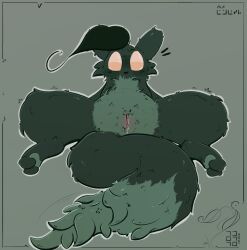 blush blush_lines bodily_fluids cheek_tuft chest_tuft facial_tuft female feral fluffy fluffy_tail fur genital_fluids genitals green_body green_fur hi_res leaf leaf_on_head leaning leaning_backward long_tail looking_at_viewer multicolored_body multicolored_fur namaport neppy_(namaport) pawpads presenting presenting_vulva rain_world simple_background slugcat solo spread_legs spreading tail tapering_tail thick_tail toony tremble_spikes tuft two_tone_body two_tone_fur vaginal_fluids videocult vulva
