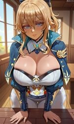 1girls ai_generated big_breasts blue_jacket curvy curvy_body curvy_female curvy_figure genshin_impact huge_breasts jacket jean_(genshin_impact) jean_gunnhildr leggings looking_at_viewer mature_female qme314 solo solo_female white_leggings