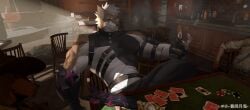absurd_res anthro awaldkize black_bottomwear black_clothing black_nose black_pants black_topwear bottomwear brown_body brown_fur canid canine card chair claws closed_smile clothed clothing corpse death finger_claws front_view fur furniture group gun hair hi_res inside male mammal messy_hair mouth_closed muscular muscular_anthro muscular_male pants playing_card ranged_weapon reclining red_eyes short_hair smile solo_focus table topwear weapon white_body white_claws white_fur white_hair
