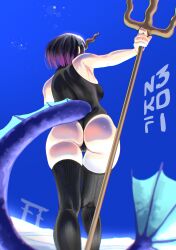 absurdres armpits artist_name ass bare_shoulders black_hair black_leotard black_thighhighs blurry bob_cut breasts commentary_request depth_of_field dragon_girl dragon_horns dragon_tail elma_(dragon_maid) feet_out_of_frame female from_behind gradient_hair highres holding holding_polearm holding_weapon horns kneepits kobayashi-san_chi_no_maidragon leotard multicolored_hair n3kofi polearm purple_hair short_hair sideboob skindentation solo tail thighhighs thighs trident two-tone_hair walking weapon