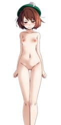 blush breasts brown_hair censored completely_nude embarrassed female gloria_(pokemon) green_headwear hat highres looking_down messy_hair mosaic_censoring navel nintendo nipples nude pokemon pokemon_ss short_hair simple_background small_breasts solo standing sweat tam_o'_shanter tears tsukishiro_saika white_background