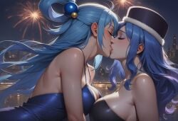 2girls ai_generated alternate_costume aqua_(konosuba) arm_at_side asymmetrical_docking bare_arms bare_shoulders big_breasts black_dress black_hat black_headwear blue_dress blue_hair blush bopitphy breast_press breasts building city cityscape cleavage closed_eyes couple crossover dress duo eyeshadow fairy_tail female/female female_only fireworks floating_hair hair_ring half_updo hat headwear jewelry juvia_lockser kissing kono_subarashii_sekai_ni_shukufuku_wo! light_blue_hair lips lipstick long_hair love makeup medium_breasts multiple_females multiple_girls mutual_yuri neck necklace night night_sky outdoors pink_lipstick romantic romantic_couple sideboob sidelocks sky sleeveless sleeveless_dress straight_hair strapless strapless_dress upper_body yuri
