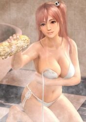 3d armpits bath bathing bathroom bathtub big_breasts bikini breasts cleavage collarbone dead_or_alive dead_or_alive_5 eyebrows female hair_ornament hair_up highres honoka_(doa) large_breasts long_hair looking_at_viewer navel official_art one_side_up photoshop_(medium) red_eyes side-tie_bikini_bottom side_ponytail solo sponge swimsuit tan_lines thick_thighs thighs thin_waist white_bikini wide_hips