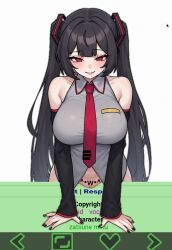 4th_wall_breaking ai_generated black_hair bottomless breaking_the_fourth_wall busty_female collared_shirt detached_sleeves do_you_want_to_pet_my_cat_(meme) edited_ai edited_image emoticon exposed_pussy fanloid large_breasts looking_at_viewer lowres red_eyes red_tie rule_34_comment seductive_smile thick_thighs twintails vocaloid zatsune_miku
