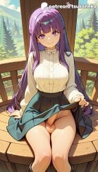 1boy 1futa 2026 ai_assisted ai_generated anime artist_name bench clothes_lift cock dick erection explicit fern_(sousou_no_frieren) foreskin frieren_beyond_journey's_end futanari hi_res high_quality high_resolution highres long_hair otoko_no_ko patreon patreon_username penis phimosis purple_hair skirt skirt_lift smile solo sousou_no_frieren stable_diffusion testicles tsukoneko watermark