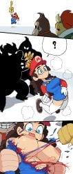 1girls 2boys 3koma ? anthro anthro_on_human blue_eyes bowser breasts_out brown_hair comic confused crown curly_hair donkey_kong donkey_kong_(series) drooling fishhh forced_exposure genderswap_(mtf) gloves hat light-skinned_female light_skin mariette medium_breasts nintendo overalls puffy_nipples revealing_breasts ripped_clothing ripping_clothing rule_63 sexual_assault silhouette simple_background stockings super_mario_bros. sweat tearing_clothes torn_clothes transformation white_gloves white_stockings
