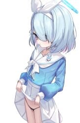 aa_(arca_live) absurdres arona_(blue_archive) black_panties blue_archive blue_eyes blue_hair blue_halo blue_shirt blush bow bow_hairband braid check_commentary choker closed_mouth clothes_lift collarbone colored_inner_hair commentary_request cowboy_shot crotchless crotchless_panties expressionless female hair_over_one_eye hair_ribbon hairband halo highres lifting_own_clothes long_sleeves looking_at_viewer multicolored_hair panties pink_hair pleated_skirt puffy_long_sleeves puffy_sleeves ribbon sailor_collar school_uniform serafuku shirt short_hair simple_background single_braid skirt skirt_lift solo two-tone_hair underwear white_background white_choker white_hairband white_ribbon white_sailor_collar white_skirt