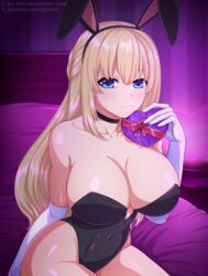 1girls barely_contained big_breasts blonde_hair blue_eyes bunny_ears bunnysuit chocolate cleavage come_hither elbow_gloves female female_only huge_breasts jyuichi leotard long_hair looking_at_viewer neptunia_(series) on_bed solo tagme valentine's_day vert white_gloves