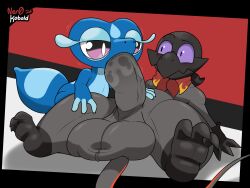 2026 3_toes accessory ambiguous_gender anthro armwear balls barefoot bedroom_eyes big_balls big_eyes big_penis biped black_armwear black_body black_clothing black_gloves black_handwear black_markings blue_body blue_eyelashes blue_eyelids blue_markings blush bodily_fluids cel_shading clothed clothing colored countershade_torso countershading dark_markings digital_drawing_(artwork) digital_media_(artwork) duo english_description erection eyebrows eyelashes eyeliner feet fellatio fingers foot_markings game_freak gecqua generation_10_pokemon generation_7_pokemon genital_fluids genital_raphe genitals glistening glistening_eyes gloves grey_body half-closed_eyes hand_on_belly hand_on_leg hand_on_thigh handwear hi_res huge_balls humanoid_genitalia humanoid_penis kerchief kerchief_only leg_markings light_eyeshadow light_fingers light_markings long_tail looking_at_another looking_at_partner lying makeup male male/ambiguous markings miori mostly_nude mostly_nude_anthro mostly_nude_male motion_lines multicolored_body narrowed_eyes neckerchief neckwear ner0_kobold nintendo nude on_back onyx_(ner0_kobold) oral oral_penetration partially_clothed pattern_kerchief pattern_neckerchief pattern_neckwear penetration penile penis pink_eyes pokemon pokemon_(species) pokemon_sm pokemon_ww pupils purple_eyes purple_sclera raised_eyebrow raphe_(anatomy) reptile salandit scalie scrotal_raphe scrotum_flap seductive sex shaded signature simple_background slit_pupils tail tail_under_balls thick_eyelashes thick_thighs toes two_tone_body vein veiny_penis watermark white_pupils wide_hips yatoumori