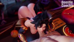 1boy 1girls 3d 3d_(artwork) 3d_animation anran black_hair blowjob boobs breasts carrying doostiecoochie fellatio large_penis light-skinned_female light-skinned_male light_skin longer_than_30_seconds looking_at_viewer medium_breasts overwatch overwatch_2 penis pov red_eyes sound straight tagme video video_games