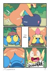 absurd_res ambiguous_gender anal bow_ribbon buizel clauncher clothing comic dialogue eyewear female_(lore) feral generation_4_pokemon generation_6_pokemon generation_7_pokemon glasses grass hat headgear headwear heart_eyes heart_symbol hi_res humping kissing_butt lying male male/ambiguous muzzzzz nintendo on_back oral plant pokemon pokemon_(species) pokemon_mystery_dungeon pyukumuku rimming rock sex shrub spike_chunsoft surprised