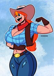 1girls 2026 artist_name ass atomickingboo belt belt_buckle big_ass big_breasts breasts buck_teeth buckteeth clothed clothed_female clothing cowgirl cowgirl_(western) cowgirl_hat cowgirl_outfit crop_top english english_text female female_focus female_only flexing flexing_bicep freckles freckles_on_breasts freckles_on_face fully_clothed fully_clothed_female ginger ginger_female ginger_hair gloves jeans light-skinned_female light_skin oc orange-haired_female orange_hair orange_hair_female original original_character rudy_roundup solo solo_female solo_focus text the_besties_(atomickingboo) thick_thighs thighs