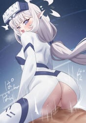 1boy 1girl ^^^ absurdres anus ass blue_archive blush bodysuit breasts clothed_female_nude_male clothed_sex commentary english_commentary halo head-mounted_display hetero highres himari_(armed)_(blue_archive) himari_(blue_archive) long_hair looking_at_viewer multicolored_halo nude official_alternate_costume open_mouth pointy_ears purple_eyes pussy_cutout reverse_cowgirl_position sex shirozaya small_breasts straddling two-tone_halo uncensored vaginal very_long_hair white_bodysuit white_hair
