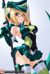 ai_generated akatsuki_kirika armpits blonde_hair breasts female female_only gloves green_eyes green_leotard green_skirt green_thighhighs leotard leotard_peek magical_girl naotopanchira panties pantyshot senki_zesshou_symphogear short_hair skirt solo_focus striped_clothes striped_thighhighs thighhighs undersuit underwear upskirt