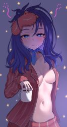 blue_choker blue_eyes blue_hair blush breasts choker coffee coffee_mug commentary_request cup female highres holding holding_cup long_hair looking_at_viewer mask mask_on_head medium_breasts miside mita_(miside) mug navel nishinokyo open_clothes open_pajamas open_shirt pajamas red_pajamas red_shirt red_shorts shirt shorts sleep_mask sleepy_mita_(miside) solo stomach striped_clothes striped_pajamas striped_shirt striped_shorts vertical-striped_clothes vertical-striped_pajamas vertical-striped_shirt vertical-striped_shorts