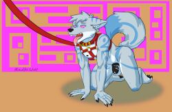 abstract_background all_fours anthro blue_markings bodily_fluids canid canine canis cel_shading chastity_cage chastity_device claws collar drooling fur grey_body grey_fur hair harness hi_res howlfei howlfeiwolf hypnosis leash looking_up male mammal markings mind_control nipples open_mouth pattern_background pawpads paws ringed_eyes saliva shaded simple_background solo tail teeth tongue tongue_out wolf