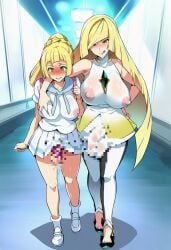 1futa 1girls 2girls ai_generated balls big_breasts blonde_female blonde_hair blush breast_grab censored_balls censored_pussy censored_vagina clothing cruise_ship exposed_pussy futanari grabbing_breasts green_eyes groping_breasts hallway high_heels incest inside lillie_(pokemon) locked_pussy long_hair looking_at_pussy lusamine_(pokemon) lustful_gaze mother_and_daughter multiple_girls nipples no_bra no_panties pokemon pokemon_sm ponytail saliva see-through_clothing see-through_shirt shoes smile smiling upskirt vagina walking wet_clothing wet_nipples yuri