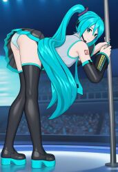 1girls 2026 3d ai_generated ass background bent_over blue_eyes butt civitai clothed cyan_hair d3rmal female female_only fortnite fortnite:_battle_royale full_body grabbing hatsune_miku hatsune_miku_(fortnite) headset long_hair looking_at_viewer nails naughty panties skirt smiling solo stage stage_lights stripper_pole tagme tattoo twintails