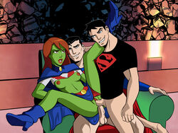 1girls 2boys anal anal_sex black_hair blue_skirt breasts cape clark_kent clothed_sex conner_kent dc dc_comics dcau double_penetration freckles ginger green_skin happy kal-el kon-el leg_on_shoulder lipstick long_hair megan_morse miss_martian mistermultiverse nipples orange_hair panties_aside partially_clothed sex_in_skirt short_hair skirt skirt_lift smile superboy superman superman_(series) threesome top top_lift vagina vaginal_penetration vaginal_sex young_justice