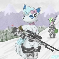 accessory alolan_form alolan_vulpix anthro arm_warmers armwear aurora_ledekova background_character blue_eyes bottomless bow_ribbon breasts bullet camo camo_clothing camo_print canid clock clothed clothing cold eyelashes fan_character female fern_shinamori generation_3_pokemon generation_7_pokemon genitals gun hair hair_accessory hair_ribbon hairbow head_tuft hi_res holding_gun holding_object holding_ranged_weapon holding_weapon holster legwear mammal mostly_nude mountain multi_tail ninjatreecko nintendo outside partially_clothed pattern_clothing plant pokemon pokemon_(species) pokemorph ranged_weapon regional_form_(pokemon) ribbons rifle scarf shaking shivering sniper sniper_rifle snow snowing solo stockings tail topless tree treecko tuft vulva watch weapon white_body winter winter_clothing