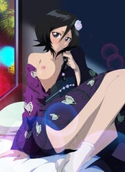 1girls absurdres anklehighs background bare_shoulders bed black_hair bleach blush bottomless breasts collarbone feet female female_only fire_works hair_between_eyes hair_in_mouth higher_resolution_available highres japanese_clothes kimono kuchiki_rukia lexus_(artist) looking_back medium_breasts nipples on_bed purple_eyes pussy pussy_juice short_hair socks solo solo_female tabi uncensored undressing white_socks