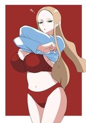 ass belly belly_button big_ass big_breasts big_butt blonde_hair bored bra breasts chelsea_cola emotionless expressionless female female_focus female_only green_eyes hips huge_breasts long_hair mature_female mature_woman milf navel nintendo oleana_(pokemon) panties picot_trim picot_trim_bra pokemon pokemon_ss red_panties solo solo_female solo_focus stripping thick_thighs underwear undressing wide_hips