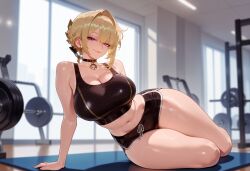 1girls ai_generated arm_support balecxi bangs bare_arms bare_shoulders black_choker black_shorts black_sports_bra blonde_hair blurry_background blush breasts choker cleavage closed_mouth clothing collarbone crop_top curvaceous curvaceous_female curvaceous_figure curvy curvy_figure dolphin_shorts dumbbell earrings evelyn_chevalier exercise female female_focus gym gym_shorts gym_uniform hair_intakes indoors inviting inviting_to_sex jewelry large_breasts looking_at_viewer midriff navel pendant_choker presenting presenting_ass presenting_hindquarters presenting_self purple_eyes seductive seductive_look seductive_smile shirt short_hair short_shorts shorts sitting smile solo sports_bra stomach sweat tank_top thick_thighs thighs voluptuous voluptuous_female weightlifting weights window zenless_zone_zero