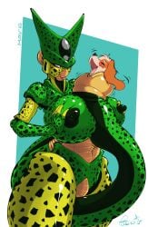 2019 ambiguous_gender ambiguous_prey anthro anthro_prey areola big_breasts bio-android_(dragon_ball) bird_dog black_body blue_background blush breasts canid canine canis cell_(dragon_ball) closed_eyes dated domestic_dog dragon_ball duo female female_cell female_pred floppy_ears foshu fur green_body hand_on_own_breast hi_res huge_breasts hunting_dog imperfect_cell male_(lore) mammal markings narrowed_eyes nipples open_mouth open_smile orange_body orange_fur pink_eyes signature simple_background smile spaniel spots spotted_body tail tail_between_breasts tail_fetish tail_play tail_vore thick_thighs vore white_background white_body white_fur yellow_body