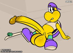 absurd_res anthro balls big_balls big_penis clothing digital_media_(artwork) erection excessive_size fingers footwear genitals hat headgear headwear hi_res humanoid_genitalia humanoid_penis koopa koopa_troopa looking_at_viewer male male_only mario_(series) nintendo on_the_ground penis plantigrade purple_clothing purple_footwear purple_hat purple_headwear purple_shoes scalie shoes simple_background skateboard solo spaca text video_games