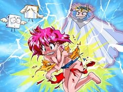 2girls 90s angel angel_wings anger_vein angry armor attack big_eyes blue_eyes blue_hair blush breasts cape chibi cleavage clenched_teeth closed_eyes clothing coro_(viper) covering covering_breasts crossed_arms crying cyomi dice earrings electricity eyebrows_visible_through_hair eyes_visible_through_hair feathered_wings feathers feet female flying game_cg goddess hat jewelry large_breasts looking_at_another nude official_art pink_hair queen_(viper) sad sai_(viper) short_hair sogna spikes surprised sweat sweatdrop tearing_clothes tears thighs thunder toes torn_clothes turban viper_(series) viper_island white_feathers wings