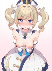 barbara_(genshin_impact) blue_eyes blush breasts dress genshin_impact heart-shaped_pupils heavy_breathing hone_kawa looking_at_viewer nun twintails