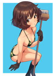 akiyama_yukari bikini boots breasts broom brown_eyes brown_hair camouflage camouflage_bikini commentary female girls_und_panzer gloves holding holding_broom invisible_chair looking_at_viewer looking_up medium_hair sayshownen simple_background sitting small_breasts solo swimsuit