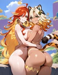 2girls ai_generated big_breasts catgirl cuddling curvaceous_female curvy_figure earrings embracing fat_ass genshin_impact girls green_eyes hoyoverse hugging hunwolf leopard_ears leopard_tail long_hair mavuika_(genshin_impact) naked naked_female plump_ass red_eyes red_hair short_hair thick_thighs voluptuous voluptuous_female wholesome wholesome_nudity xilonen_(genshin_impact) yellow_hair yuri