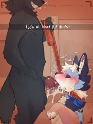 animal_genitalia animal_penis anthro anthro_on_anthro anthro_penetrated anthro_penetrating anthro_penetrating_anthro black_body black_fur bodily_fluids canid canine canine_genitalia canine_penis canis caption collar cometdragonite cum cum_in_mouth cum_inside domestic_dog duo english_text fellatio fur genital_fluids genitals grin hair hi_res holding_leash holding_object kerchief kerchief_only knot leash leashed_collar male male/male male_penetrated male_penetrating male_penetrating_male mammal mostly_nude neckerchief neckerchief_only neckwear oral penetration penile penis sex smile text white_hair wolf