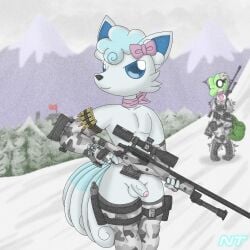 accessory alolan_form alolan_vulpix anthro arm_warmers armwear aurora_ledekova background_character blue_eyes bottomless bow_ribbon bullet camo camo_clothing camo_print canid clock clothed clothing cold fan_character fern_shinamori generation_3_pokemon generation_7_pokemon genitals gun hair hair_accessory hair_ribbon hairbow head_tuft hi_res holding_gun holding_object holding_ranged_weapon holding_weapon holster legwear male mammal mostly_nude mountain multi_tail ninjatreecko nintendo outside partially_clothed pattern_clothing penis plant pokemon pokemon_(species) pokemorph ranged_weapon regional_form_(pokemon) ribbons rifle scarf shaking shivering sniper sniper_rifle snow snowing solo stockings tail topless tree treecko tuft watch weapon white_body winter winter_clothing