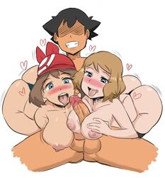 1boy 2girls 3some amourshipping ass balls bandana big_breasts black_hair blue_eyes blush breasts brown_hair double_paizuri fellatio_through_another's_paizuri female grin huge_breasts huge_cock human male may_(pokemon) nintendo nipples open_mouth outercourse paizuri panties penis penis_awe pimp pokemon pokemon_rse reach025 satoshi_(pokemon) serena_(pokemon) sex smirk straight teamwork thong threesome tongue tongue_out white_background