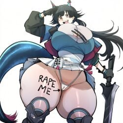 1girls ai_generated arknights arknights:_endfield ass_bigger_than_head big_ass big_breasts black_hair body_writing bottom_heavy bottomwear cameltoe chen_qianyu_(arknights:_endfield) defeated defeated_heroine english_text female from_below gloves happy heroine huge_ass huge_breasts large_breasts light-skinned_female light_skin long_hair looking_back miniskirt open_mouth plump_labia pussy rape_me rape_slave raped_female salute saluting simple_background smile smiling solo solo_focus stockings sword tail text thick_thighs thong thunder_thighs tight_clothing top_heavy twintails venus_body voluptuous_female vulva vyakarana27 wants_to_be_raped weapon wide_hips